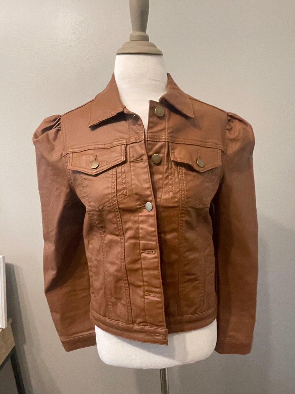 Gig Puff Sleeve Coated Jacket in Cognac